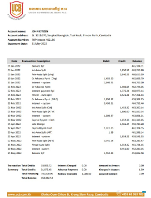 Download Cambodia Union Commercial bank statement excel Photoshop template
